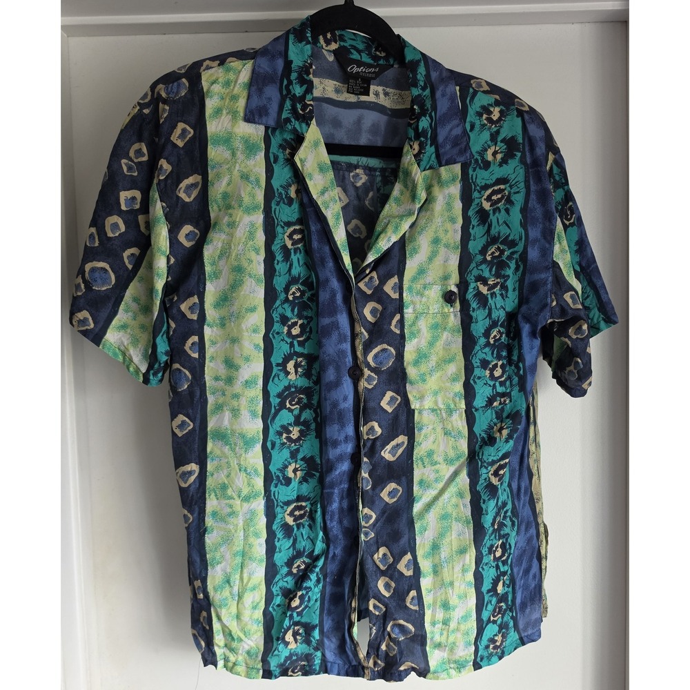VTG Options Melrose Womens S Silk Floral Button-Down Shirt Blue Green Retro Camp